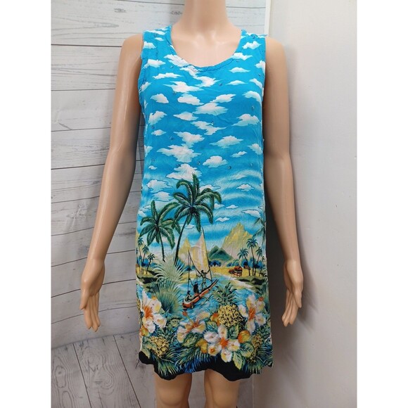 Unbranded Dresses & Skirts - Colorful Hawaiian Dress Sz L Embellished Beaded Palms Floral Pineapple Sequins